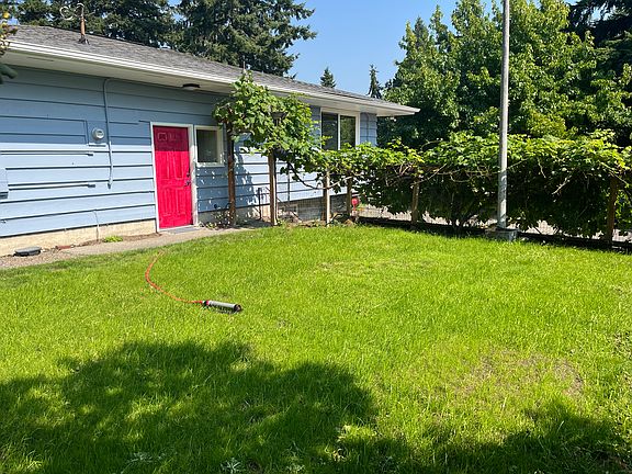 Side entrance into house has a fenced grassy space with mature grapes and raspberries.