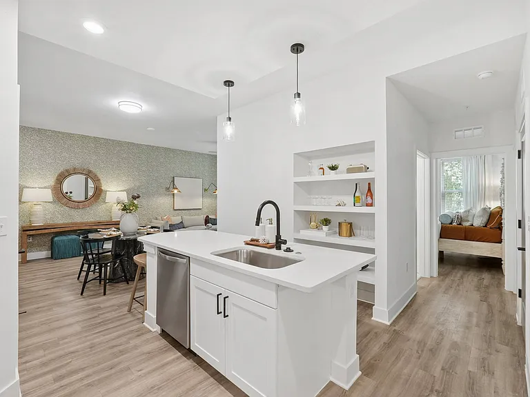 Kitchen Island with Seating Space and Built-in Shelves