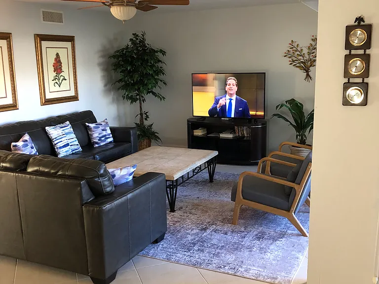 Living room as viewed from dining area.