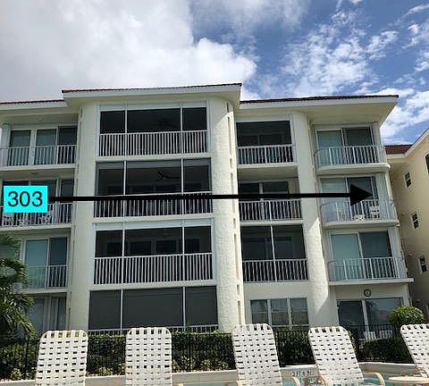 Unit #303 Is located directly over pool and has a patio from all three bedrooms and living room.