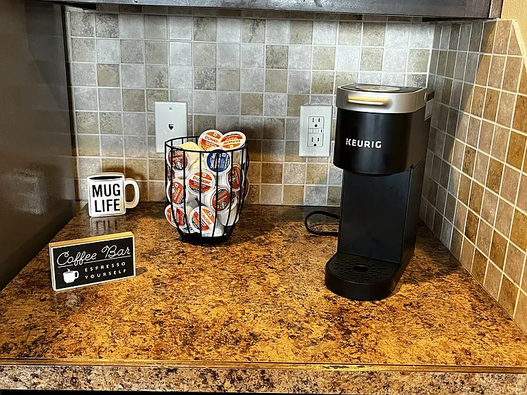 coffee bar in kitchen. Drip coffee maker also available