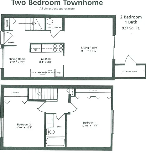 2 Bedroom,1 Bath (927 Square Feet)