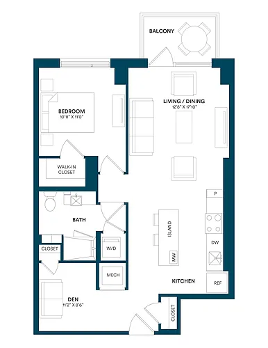 Floor plan 1 Bed/1 Bath Den-E2 TYP 10