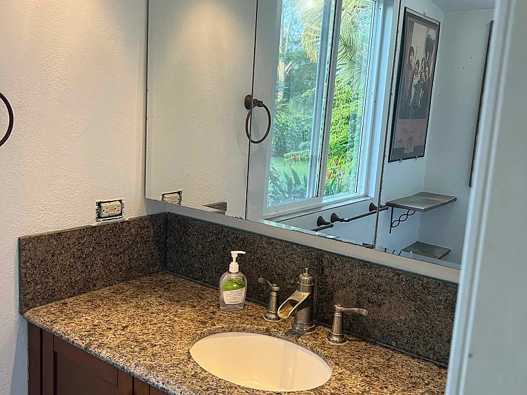 Downstairs bathroom with mirrored cabinets and recessed lighting