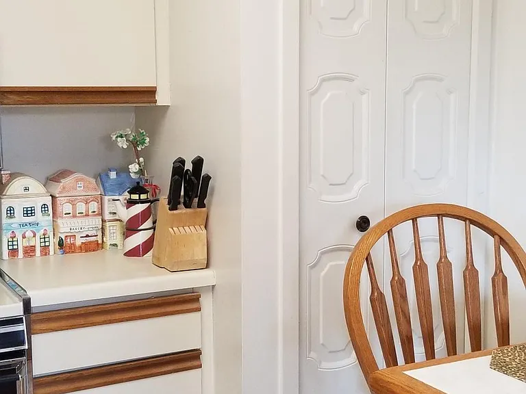 Kitchen has full pantry closet with shelves and plenty of cabinets.
