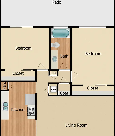 2 Bed 1 Bath A Floorplan Diagram
