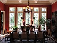 Formal dining room with coffered ceilings 