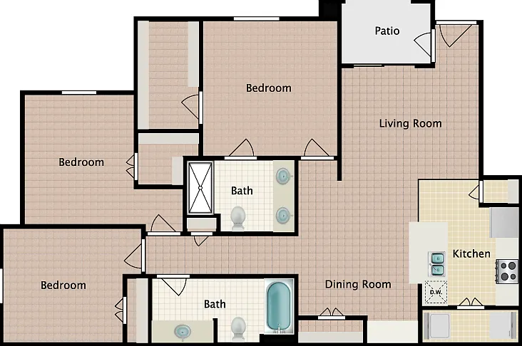 3 Bed 2 Bath Floorplan Diagram