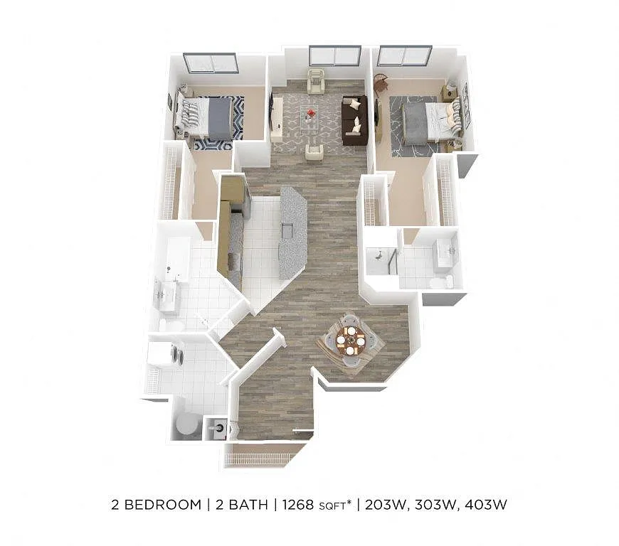Floor plan Two Bedroom 2 Bath w/ Den- 1268 sqft