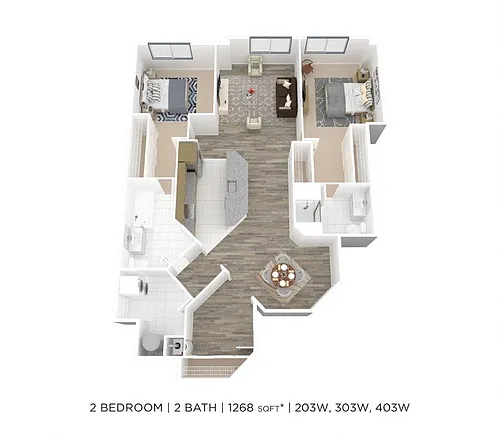 Floor plan Two Bedroom 2 Bath w/ Den- 1268 sqft