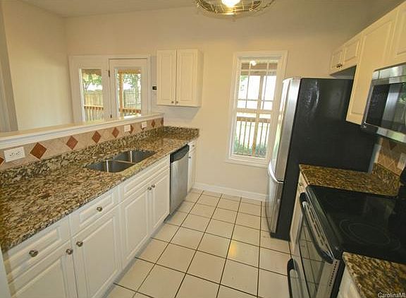 Granite counters and stainless appliances in the kitchen
