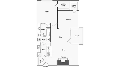 Floor plan 1 BR x 1 BA Den with W/D - F