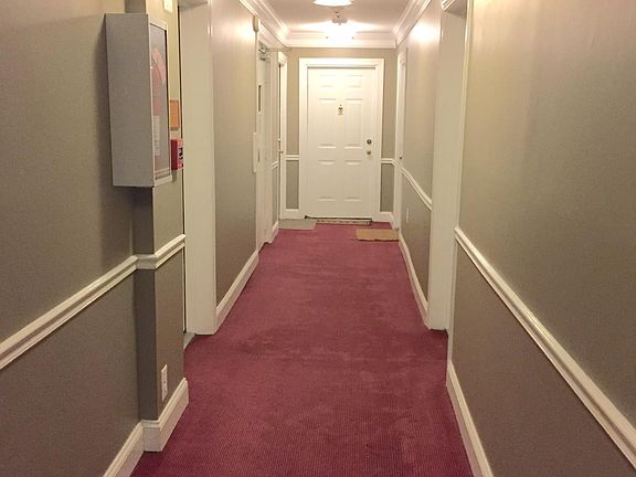Newly painted and carpeted hallway with classic elevator