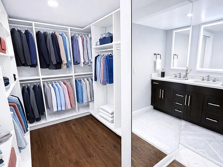 CALIFORNIA WALK-IN CLOSET MARBLE DUAL VANITY BATH BACK-LIT MIRRORS