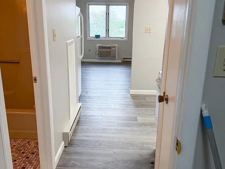 Bright and open hallway view leading from the bathroom to the main living space, featuring freshly painted walls and brand new, continuous LVP flooring.