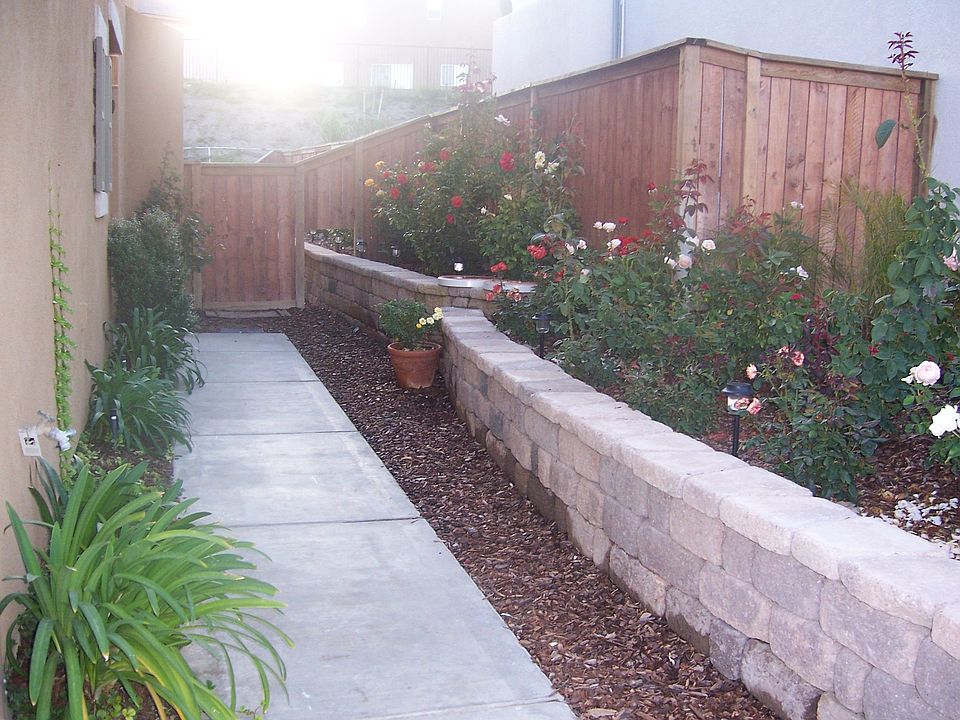 The front yard with stone borders
