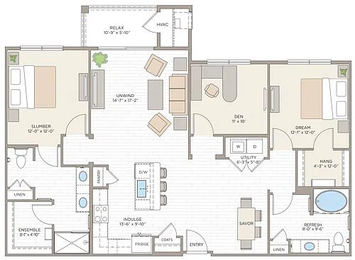 Floor plan 2 Bed/2 Bath Den-mC2A Income Restricted