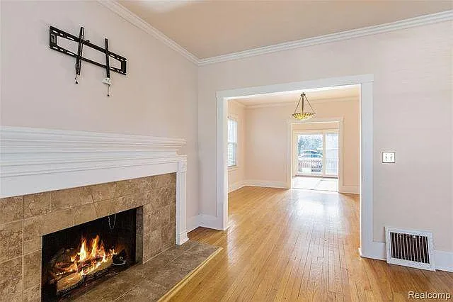 Wood burning fireplace.