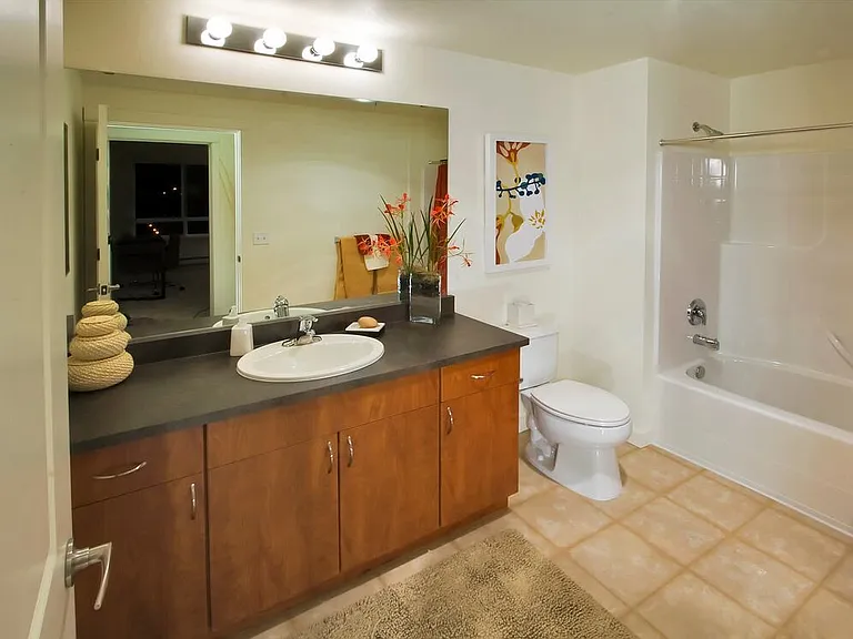Classic Package I bath with cherry cabinetry, grey laminate countertops, and hard surface flooring