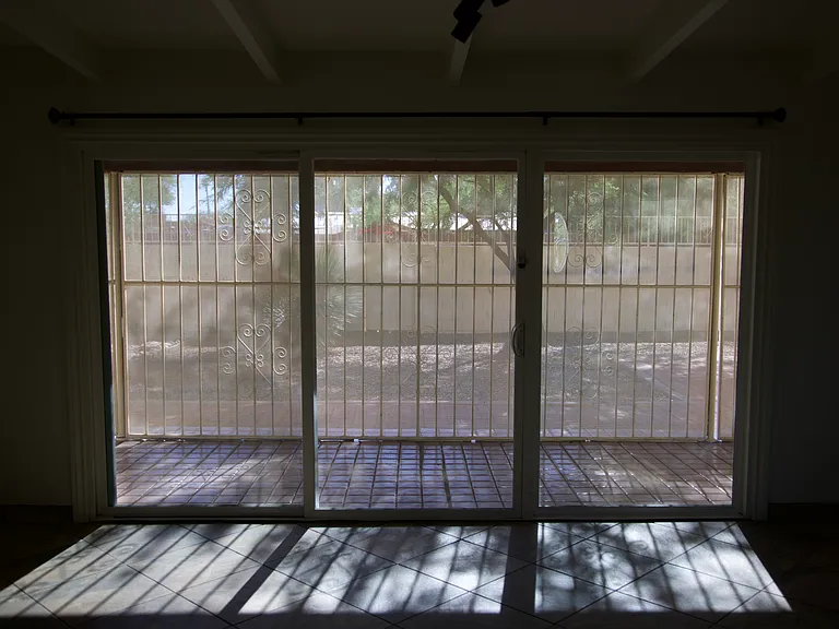 View through the patio door into the backyard with late afternoon sun filtered by the porch screen