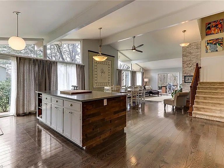 Kitchen, dining, living room, and stairs to 3rd floor