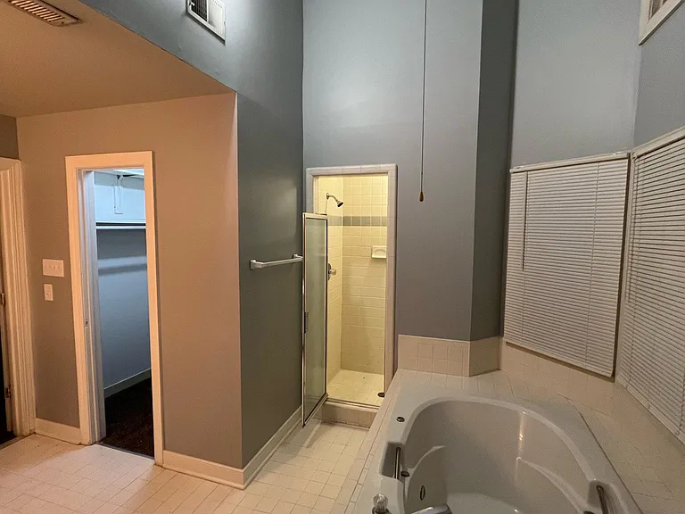 Master bathroom showing walk in closet to the left, shower straight ahead, and jacuzzi tub on the right