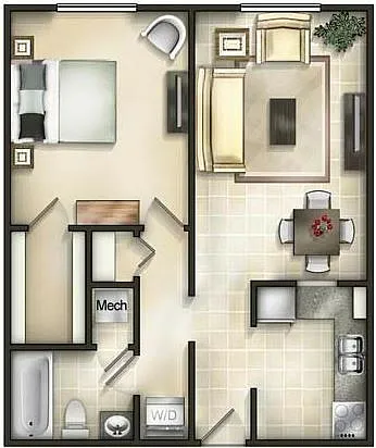 Floor plan 1 bed / 1 bath flat 777 sqft at Rolling Hills