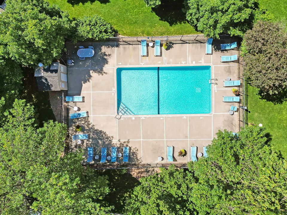 An aerial view of a swimming pool surrounded by trees.