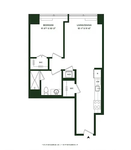 Floor plan Residence 10 - North: 1BR 1BA