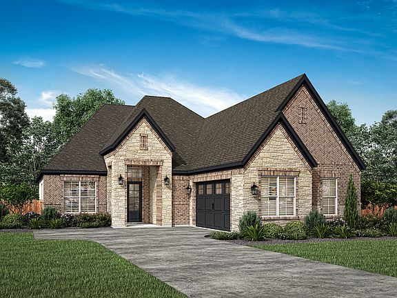 Rendering of the Hanna with a beautiful stone and brick exterior and side-entry garage.