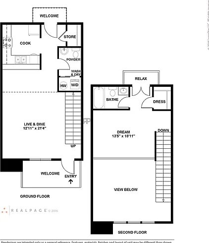 Two level one bedroom, one and a half bathroom apartment