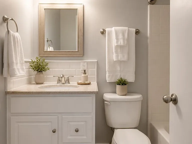 Well-appointed full bathroom with ample vanity storage and bright lighting. Photos are virtually staged.