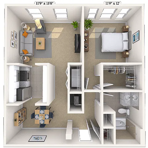 Floor plan Traditional 1x1 793-843 SF