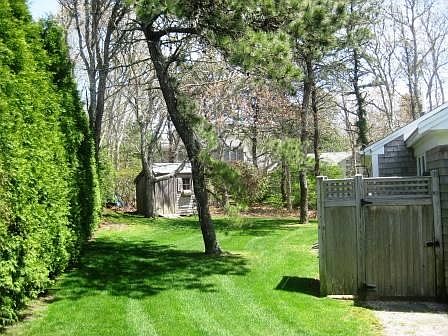 Landscaped backyard with outdoor shower
