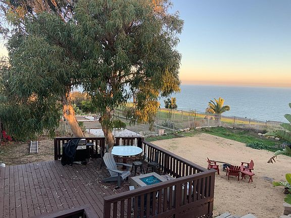 View from the back of the house looking at the backyard and ocean.