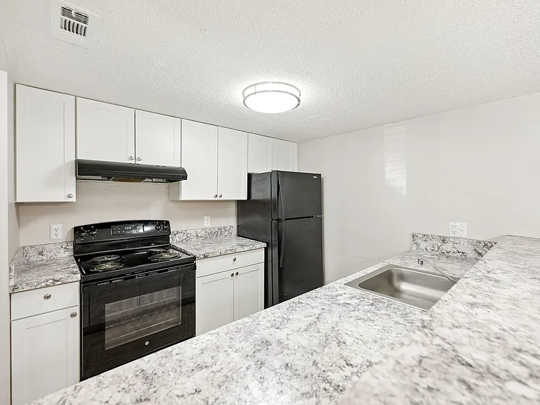 Modern kitchen with sleek black appliances, white cabinetry, and elegant granite countertops.