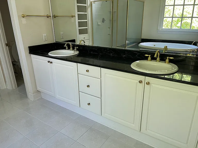 Primary Bathroom vanity area with glass reflection of shower and tub.
