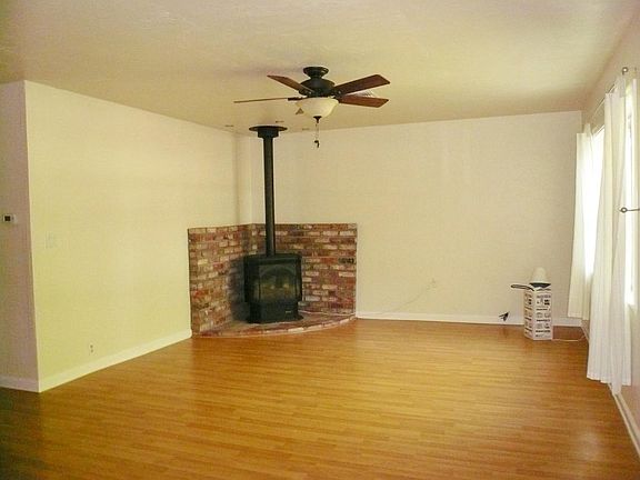 family room with wood stove