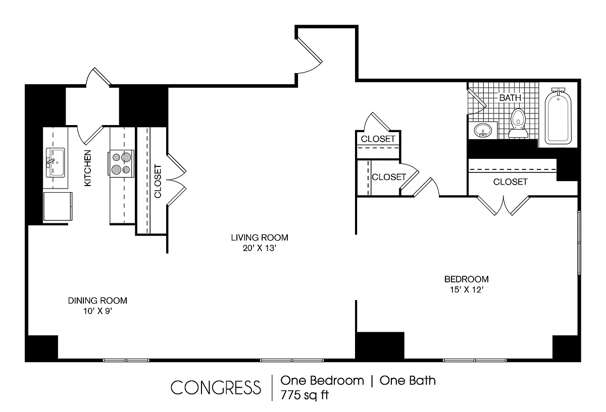Floor plan Congress 1 Bedroom 1 Bath 745