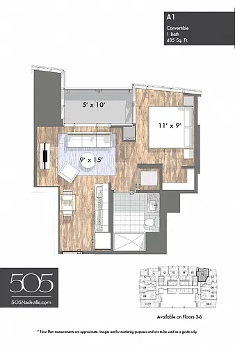 Floor plan 505 Studio Stack 02 & 11 Floors 3-6