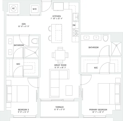 Floor plan 2 Bed/ 2 Bath Den-B5