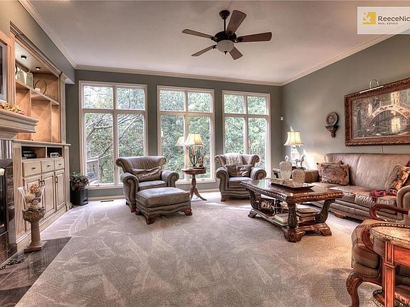 Living room features built-ins and fireplace