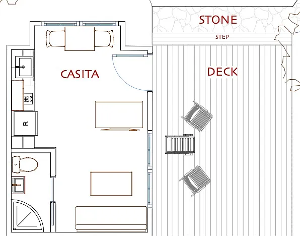 Casita Floor Plan 1023 Tulane shown with some furniture.