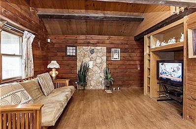 Family room with wood beams