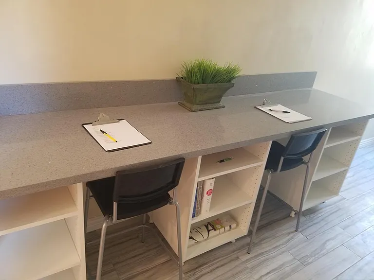 Tons of countertop and storage in kitchen.