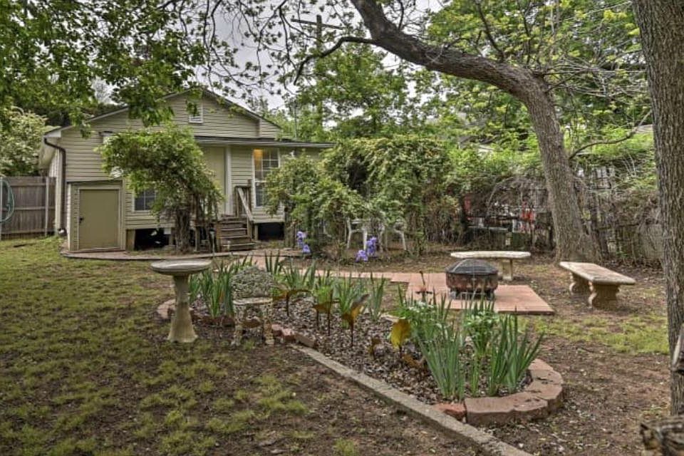 Large landscaped fenced in yard that adjoins a park