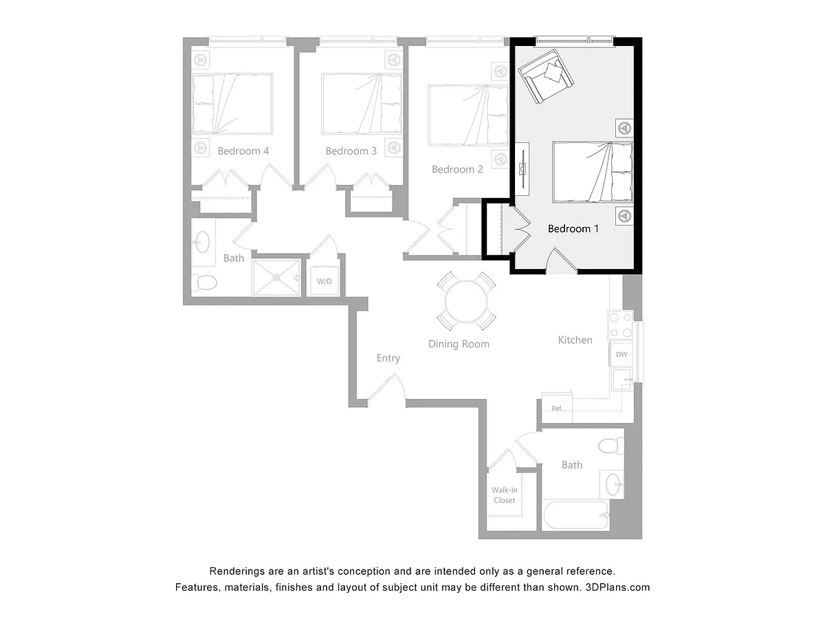 Floor plan Furnished Room in a 4 Bedroom 2 Bathroom (D4)