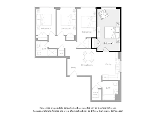 Floor plan Furnished Room in a 4 Bedroom 2 Bathroom (D4)