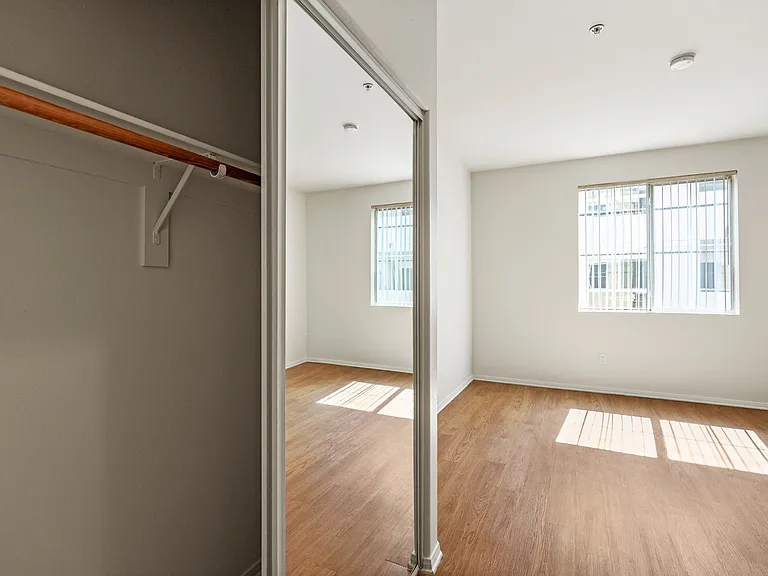 Bedroom with large Closet, Vinyl Flooring, and Large-Size Window