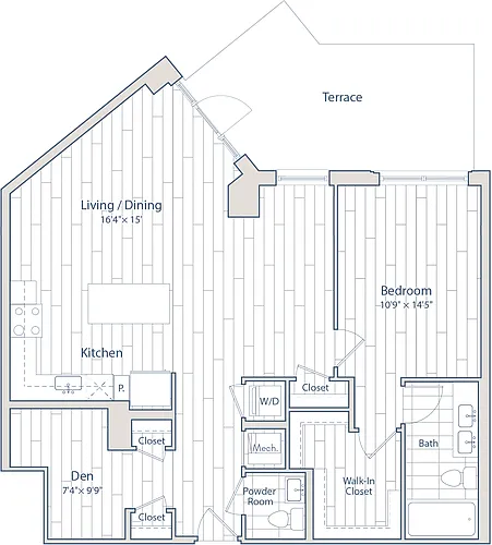 Floor plan 1 Bed/1.5 Bath Den-D3-c